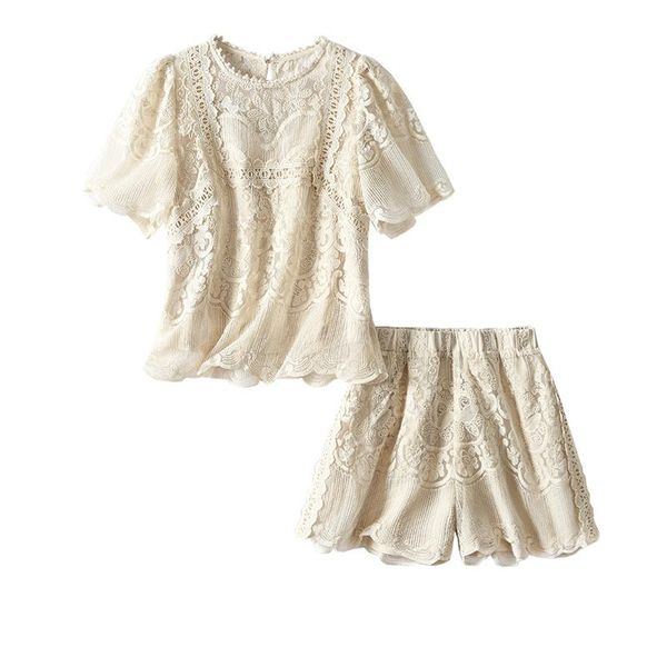 

women's tracksuits shuchan lolita style appliques embroidery 2 piece set short sleeve +shorts sets cotton spandex summer polyester, Gray