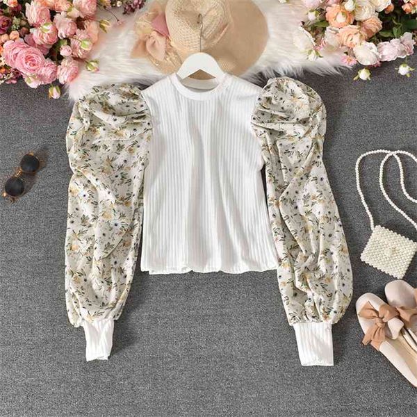 

summer product bubble shirt sleeve stitching fake two-piece floral slim slimming women hk143 210507, White