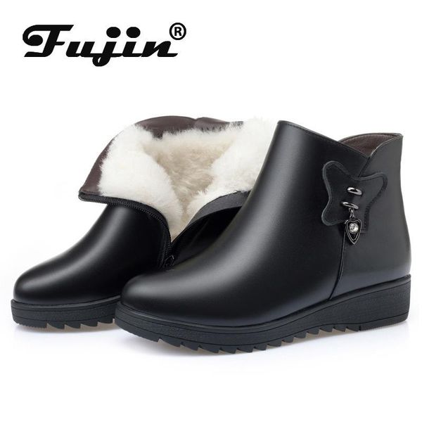 

boots fujin large size women ankle boot leather winter fur velet warm shoes booties platform waterproof motorcycle zapatos mujer, Black