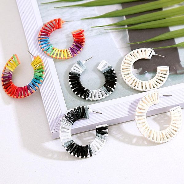 

stud 3 color c shape rainbow straw rattan raffia handmade earrings for women multi wedding fringed tassel fashion jewelry, Golden;silver
