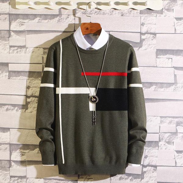 

men's sweaters 2022 fashion colorblock jacquard round neck sweater youth autumn thin slim-fit jumper, White;black