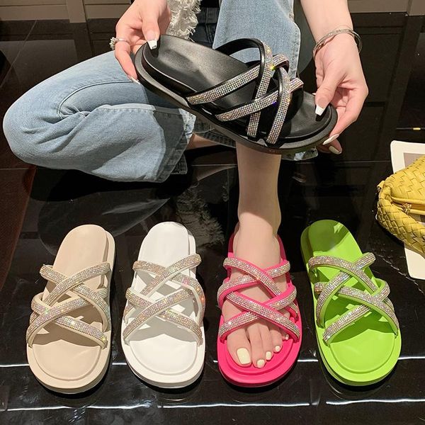 

slippers beach shoes woman's rubber flip flops candy colors cross-tied slides sabot 2021 soft hawaiian flat summer glitter cryst, Black