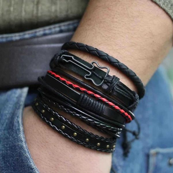 

link, chain vintage leather multilayer handmade bracelet women jewelry, Black