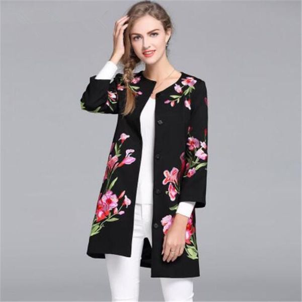

women's trench coats vintage royal embroidery autumn basic jacket coat woman elegant slim lady plus size black floral casual female s-, Tan;black