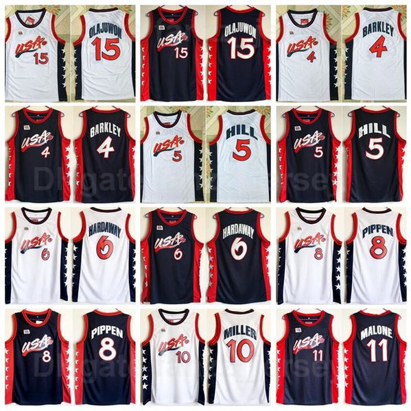 1996 США мечта три баскетбола Скотти Pippen Jersey 8 Charles Barkley 4 Penny Cartaway 6 Hakeem Olajuwon 15 Karl Malone 11 Grant Hill 5 Reggie Miller 10 Blue White