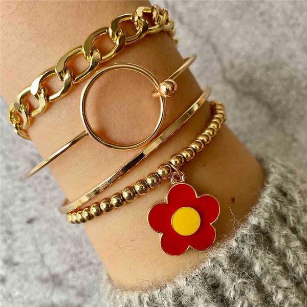 

link, chain 4pcs/set trendy red flower round ball open bracelet set for women girl alloy chunky charming bangles party jewelry, Black