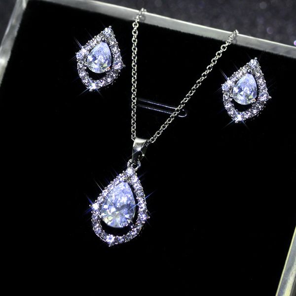 

fashion blue diamond necklace earring luxury alloy rhinestone wedding party jewelry set necklaces earrings sets, Silver