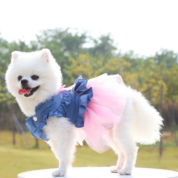 Haustier-Hundebekleidung, Chihuahua-Jeans-Spitzen-Brautkleider für kleine mittelgroße Hunde, Welpen-Party, Schleife, süßer Rock, Haustiere, Cat302o
