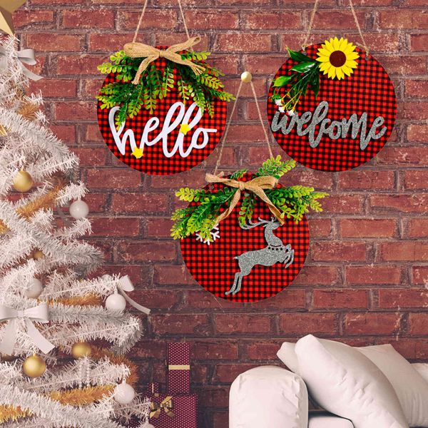 

new grid paste cloth wooden doorplate door hanging tree decoration christmas pendant