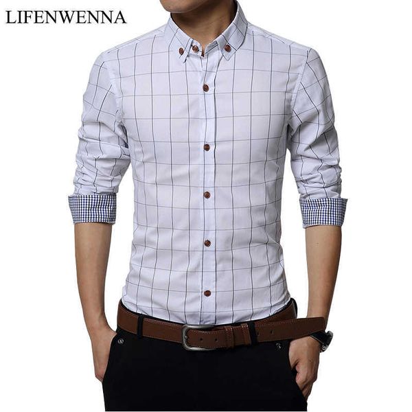 

autumn business men's dress shirt fashion plaid cotton long sleeve shirt men mens shirts social plus size 5xl 210528, White;black