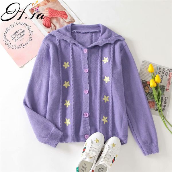 HSA Cardigan donna autunno manica lunga colletto blu scuro maglione donna Harajuku ricamato floreale Kawaii 210417