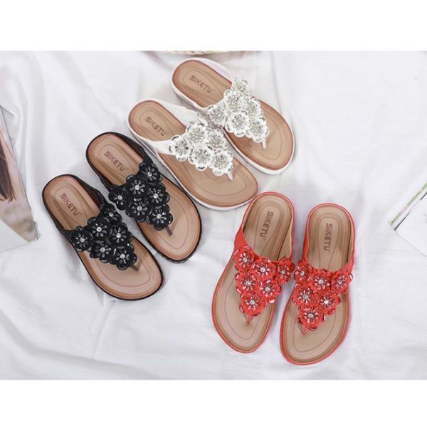 

slippers 2021 fashion sweet european and american sandals bohemian rhinestone flowers plus size flip flops women's shoes, Black