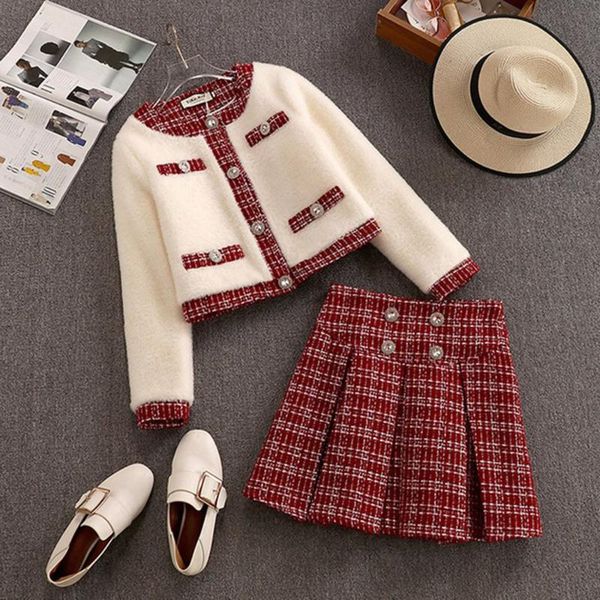 

work dresses autumn winter single breasted 2021 style two piece set thick girlish women's red tweed woolen jacket and skirt suit, White;black