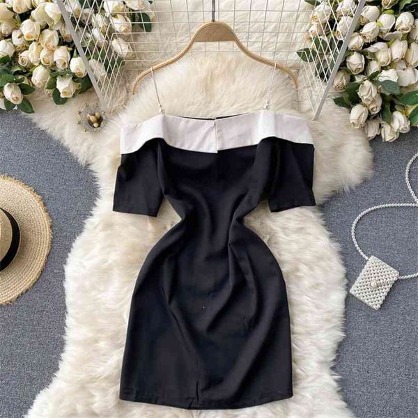 

chic women fashion hit color short sleeve high waist thin package hip black dress vintage elegant vestidos r681 210527, Black;gray