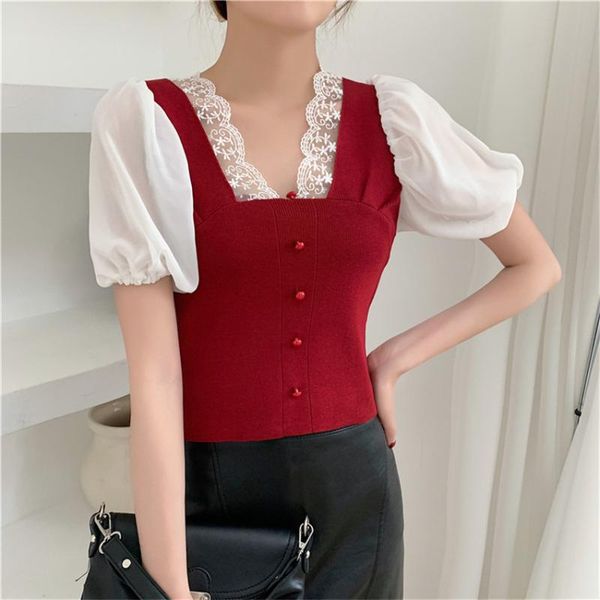 

women's t-shirt french style elegant puff sleeve t shirt women lace knitted female summer cropped slim fit tee femme, White