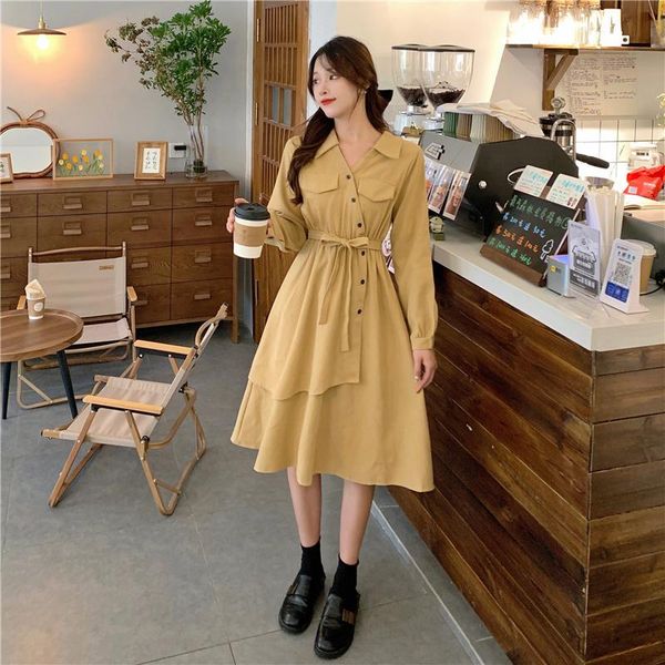 

casual dresses plus size autumn dress french style long sleeve temperament high waist lapel full-figured women's blouse dress.kio, Black;gray