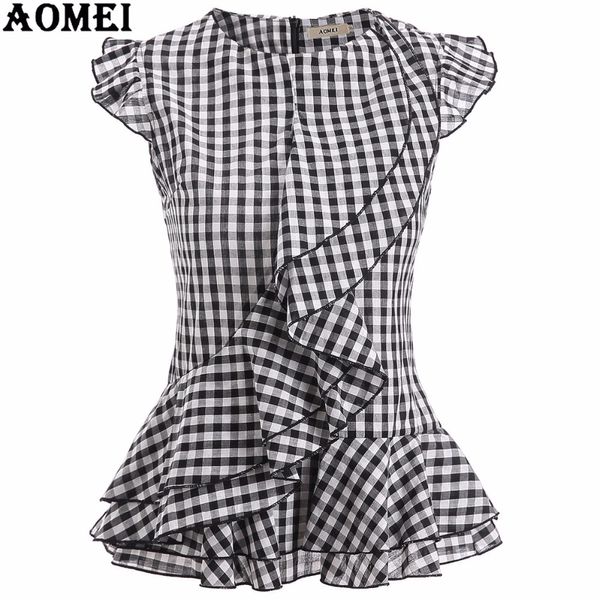 Lady Yaz Tops Kolsuz Siyah Ekose Bluz Gömlek Ruffles Trim Kadın Vintage Gingham Blusas Artı Boyutu Retro Tarzı Peplum 210416