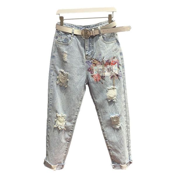 

women's jeans spring autumn fashion hole beaded women denim pants high waist skinny pencil plus size, Blue