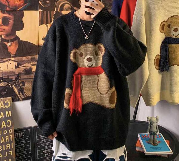 

men's sweaters winter bear print thick coat outfit fashion hip hop o-neck pullovers christmas autumn w0wb, White;black