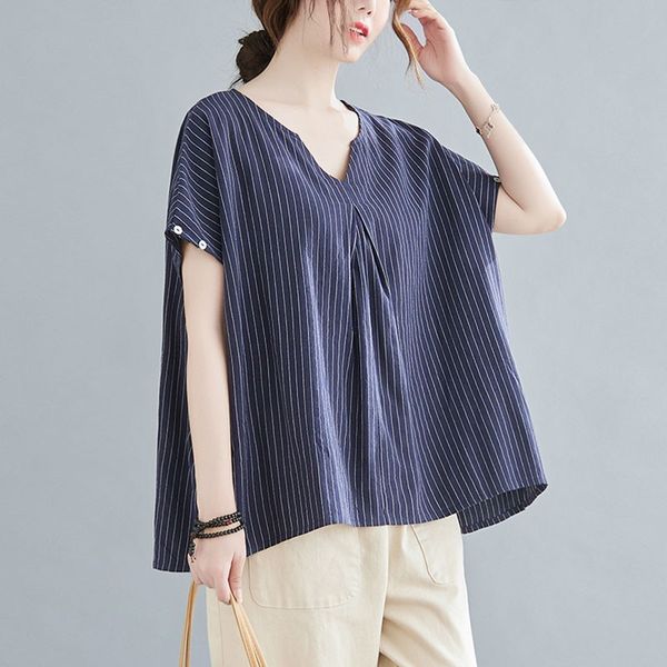 

oversized women cotton linen casual t-shirts new summer simple style vintage v-neck striped loose female tees s3610 210412, White