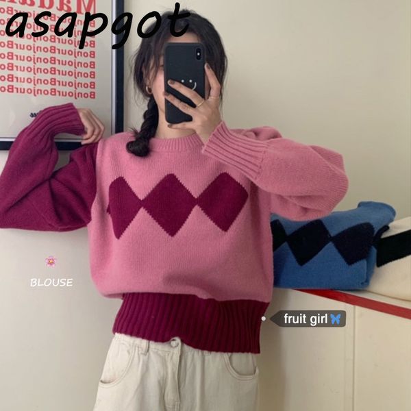 

chic korean vintage hit color argyle pullovers sweaters women winter waist loose puff long sleeve knitted wear plaid fashion 210429, White;black