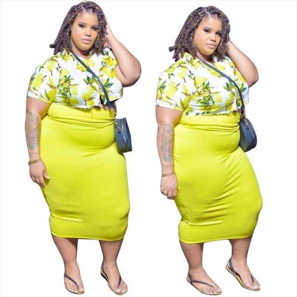 

casual plus size fresh floral women tracksuits printing two piece sets spring high waist mid calf bodycon skirts o neck, Gray