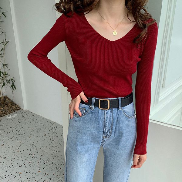 

sweaters basic solid ny slender elastic simple chic v-neck fresh slimming all match soft knitted sweaters 7 colors, White;black