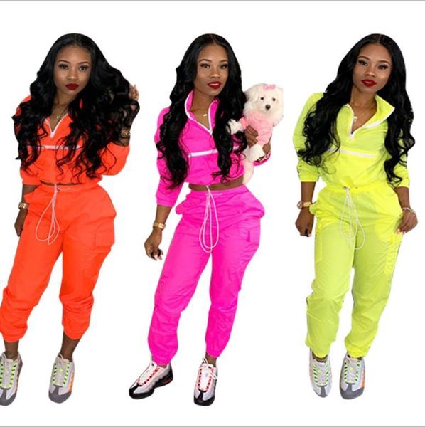 

women reflective tracksuit night version buttons turn down collar long sleeve crop + casual pants two piece set women's, White