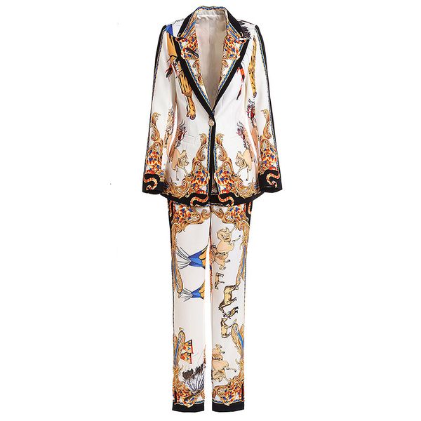 

pant high street fashion 2021 elegant deesigner track single print flower button blazer suit pants, White