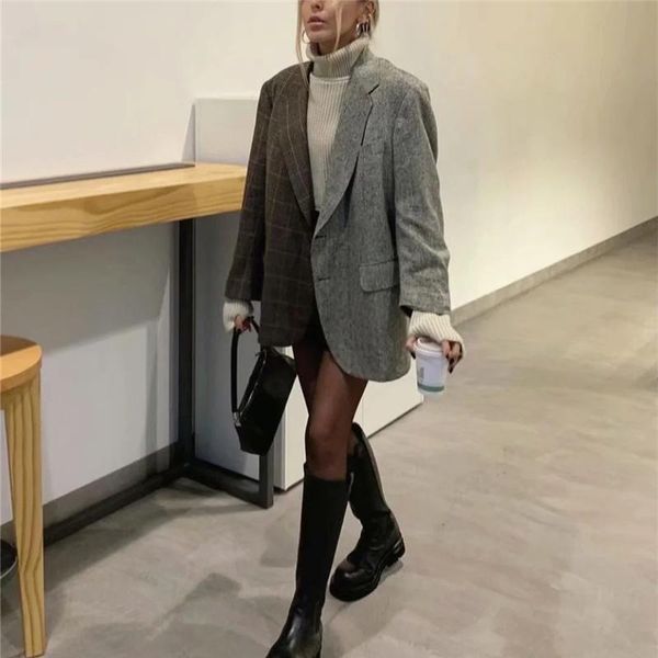 

women's suits & blazers woman elegant brown plaid pathchwork blazer 2021 autumn vintage female loose england laides fashion oversized o, White;black