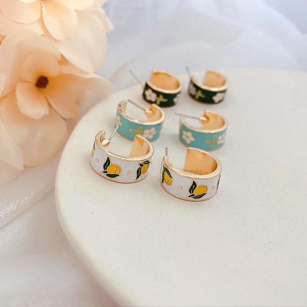 

hoop & huggie french c-ring lemon flower drop glaze enamel 925 silver needle earrings fresh, Golden;silver