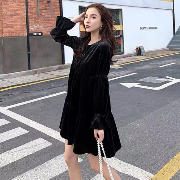 

casual dresses autumn fashion women's dress long sleeve o-neck loose velvet plue size solid vestidos -4xl 5xl 6xl, Black;gray