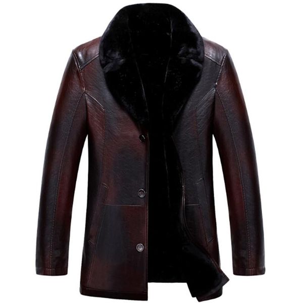 

men's fur & faux 2021 men long lapel leisure leather jacket middle-aged cashmere thickening business coat, Black