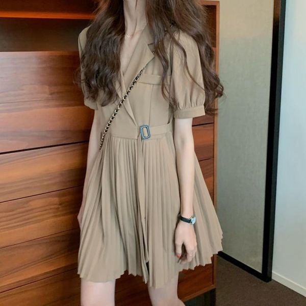 

women black vintage casual bandage pleated dress notched short sleeve loose fit fashion spring summer 16w753 210510, Black;gray