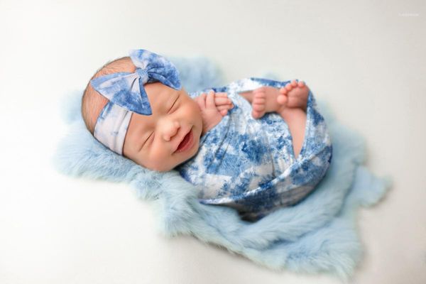 

blankets & swaddling 2pcs/set euramerican gradual change printed baby swaddle born milk silk wrapped blanket headband wrapping1