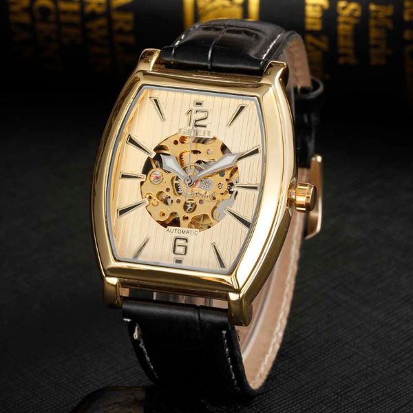

men watches skeleton tonneau automatic self-wind mechanical wristwatches fashion casual man watch leather band, Slivery;brown