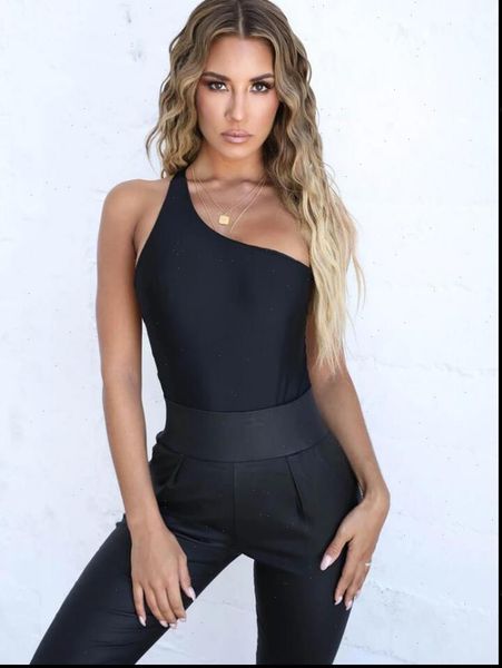 

black one shoulder womens jumpsuits bodysuit backless opening thick strap cheeky cut bottom drop, Black;white