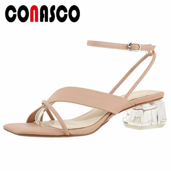 

sandals conasco fashion concise women summer thick heels genuine leather casual party wedding prom ankle strap shoes woman, Black