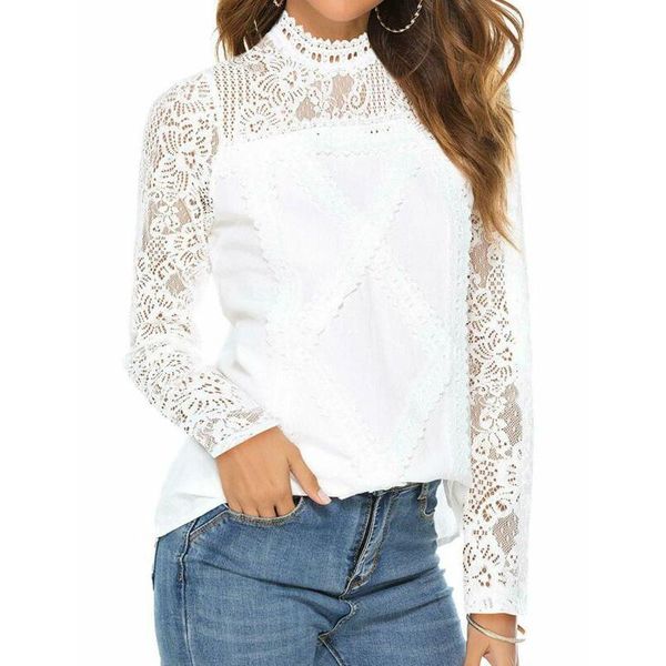 

women fashion solid loose long sleeve casual blouse shirt lace floral women's blouses & shirts, White