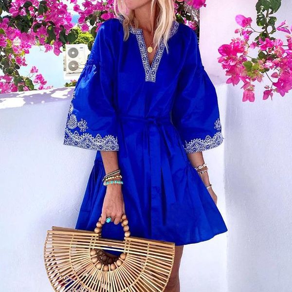 

casual dresses floral print boho dress sukienka women 3/4 sleeve v neck swing short with sashes red blue fall for, Black;gray