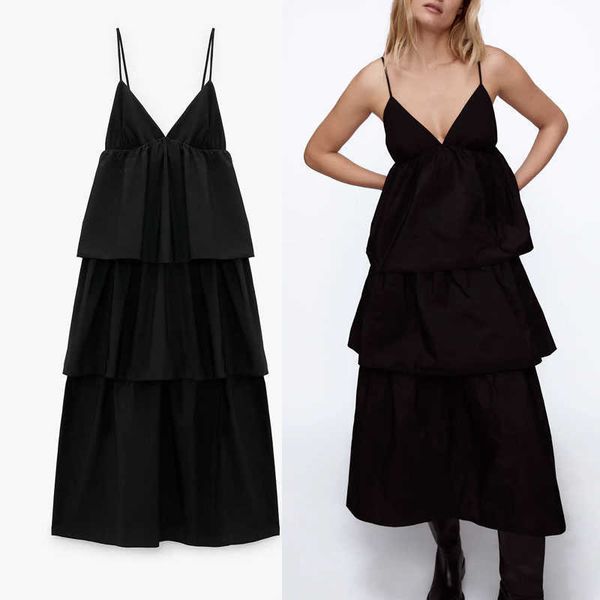 

za ruffle spaghetti straps long dress women v neck sleeveless blackless party dresses woman chic plus size vestido 210602, Black;gray