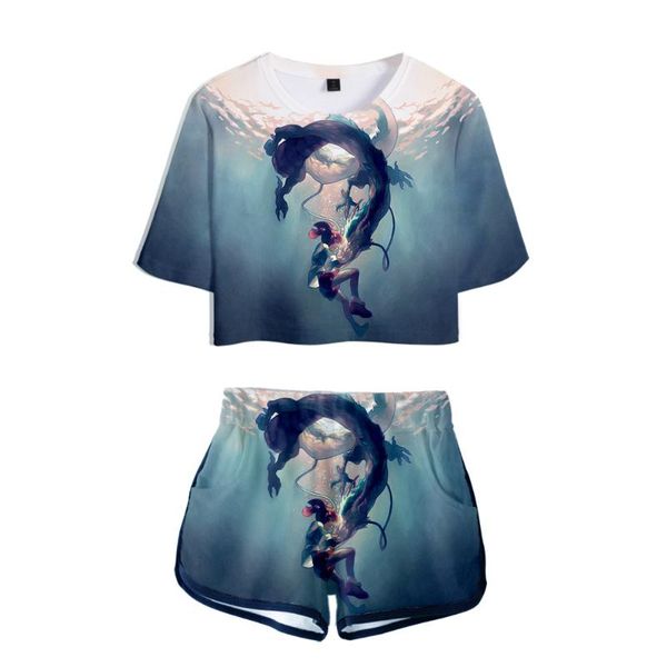 

summer spirited away 3d digital printed women open-neck short-sleeved t-shirt shorts suit drop sweat suits women's tracksuits, Gray