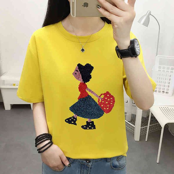 

women's t-shirt plus size appliques cartoon streetwear t shirt women clothes summer cotton womens short sleeve tshirt femme khk6, White