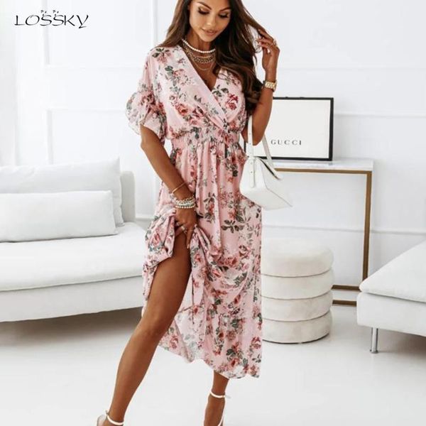 

party dresses summer boho vintage ruffles short sleeve chiffon maxi dress elegant pink floral elastic waist night for woman robe, White;black