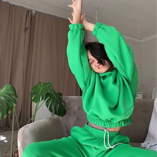 

2 piece set women spring autumn tracksuit solid casual pullover crop and pants suits fashion female outfits chandal mujer 210407, White