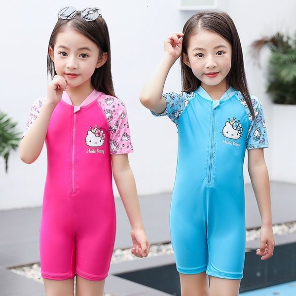 

children' swimsuit girl' one piece flat angle swimsuit girl' middle and big children' short sleeve sunscreen swimsui, Red;black