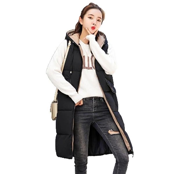 

women's vests 2021 winter women slim vest female sleeveless long parka jacket with hooded lady cotton waistcot colete feminino f703, Black;white