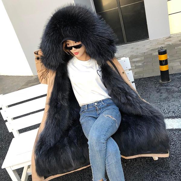 

women's fur & faux 2021 x-long fashion winter jacket women real hair liner raccoon collar detachable coat parka, Black