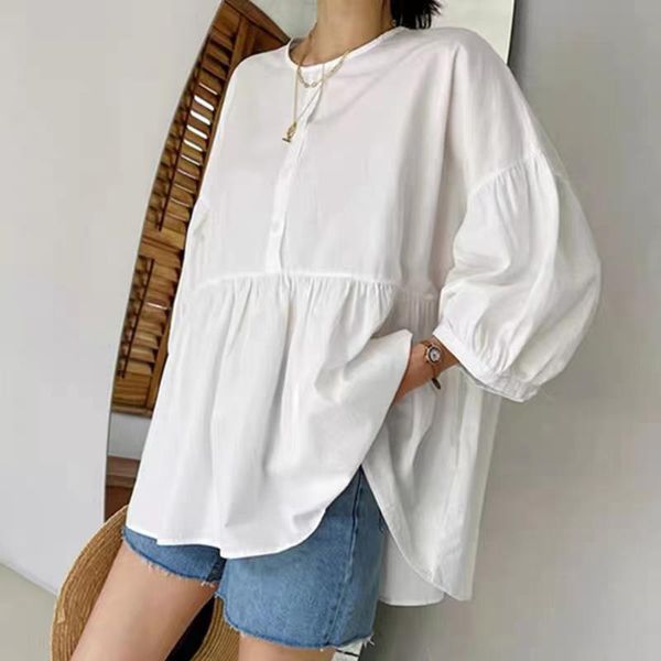 

women's blouses & shirts korean fashion autumn 2021 loose casual blouse solid color simplicity round neck long sleeve folds clothing, White