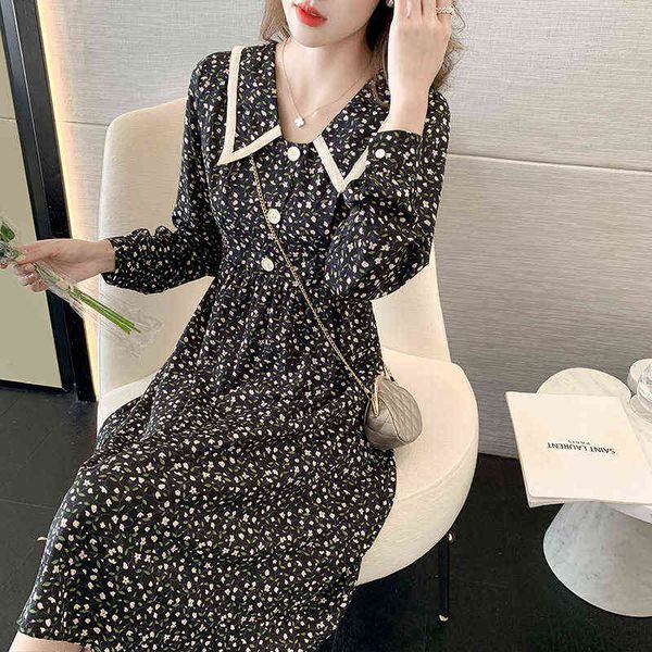 

luxury dress autumn 2022 doll neck long sleeve chiffon korean version reduced age thin broken flower medium length dresses, Black;gray